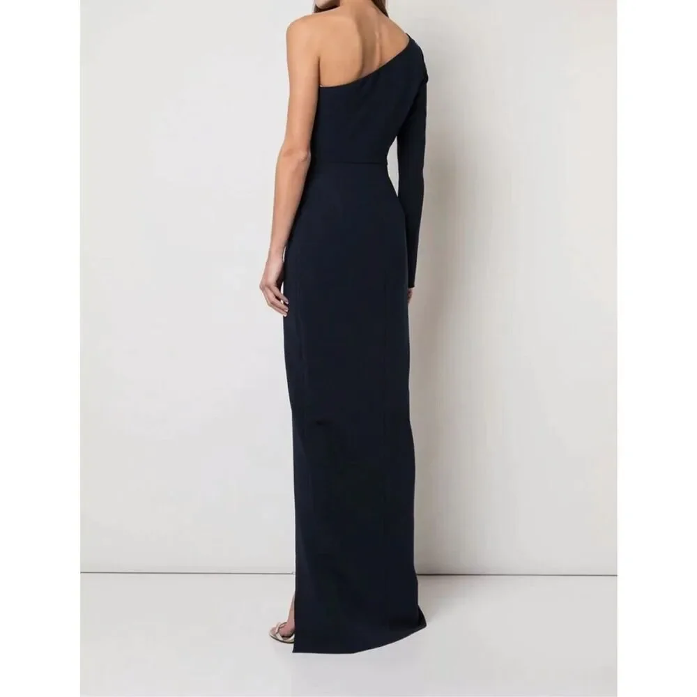 Marchesa Notte Navy One Shoulder Beaded Stretch Crepe Long Gown Size 2‎ NWT